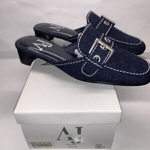 AJ Valenci Mules Women's 6 Denim Buckle Slides White Stitching New Old Stock VTG